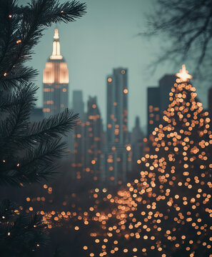 Background Winter city view, close-up, blurred background, aesthetic Christmas photo
