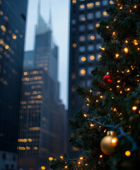 Background Winter city view, close-up, blurred background, aesthetic Christmas photo