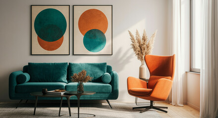 Living room furniture with modern decor and interior design featuring vibrant colors and stylish elements