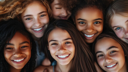 Obraz premium A close-up of a group of diverse girls smiling, their faces illuminated by natural light, celebrating unity, strength and the importance of equal opportunities for all girls.