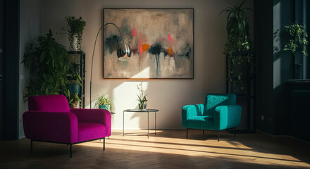 Modern chairs in stylish interior design with vibrant colors and sunlight