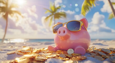 A pink piggy bank wearing sunglasses sits on a beach, surrounded by gold coins. Sunny day and bokeh background of coconut trees and distant sea creates a travel, relaxation and vacation planning idea