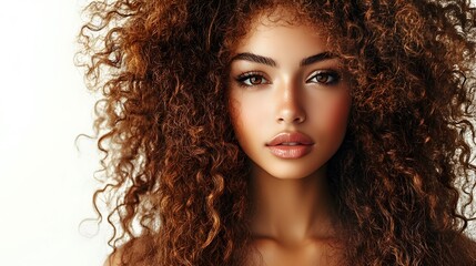 Fototapeta premium Beautiful woman with long curly brown hair, close-up portrait, natural beauty, soft lighting 