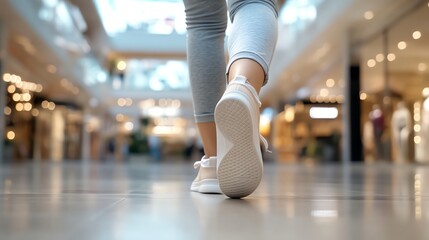 Close-up shot of a person walking in the shopping mall, wearing casual clothing and white sneakers, capturing the dynamic movement and retail environment.