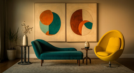 Modern furniture in stylish interior design with vibrant home decor and artistic wall art