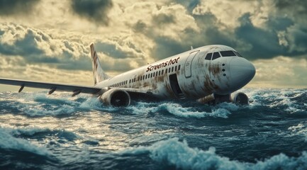 Fototapeta premium A rusted airplane crashes into a stormy sea with dramatic clouds overhead.