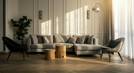 Living room furniture with modern interior design in stylish space featuring cozy seating and natural lighting