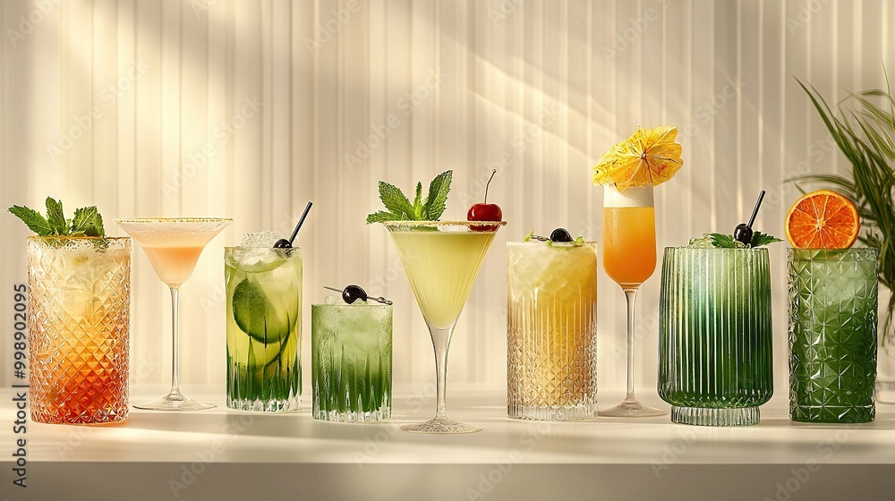 Canvas Prints   A line of diverse beverages arranged on a table with a centralized plant