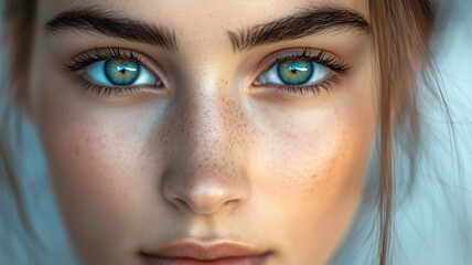Fototapeta premium A close-up of a woman's face with striking eyes and perfect symmetry, softly lit to enhance her features, with a subtle, blurred background, emphasizing beauty in simplicity. 