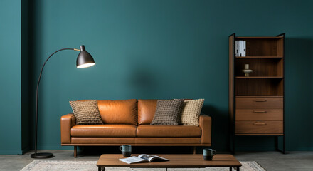 Modern furniture in cozy living room with stylish home decor and elegant floor lamp