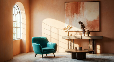 Modern furniture in stylish living room with elegant interior design and contemporary decor