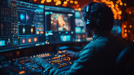 Creative professional editing visuals with multiple screens at night. Video editor is editing footage on several computer monitors in a dimly lit studio room.