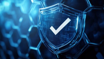 Network Safety In Healthcare Insurance:  Illustration Of Protection Shield With Check Mark Icon In Transparent Sphere On Blue Background