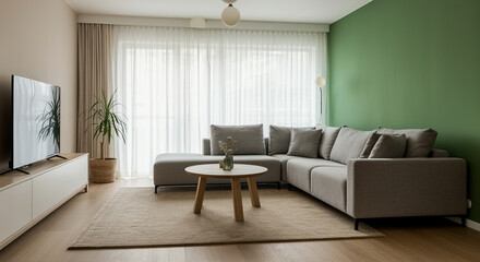 Living room with modern interior and stylish decor featuring cozy gray sofa and round table
