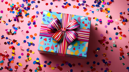 Obraz premium A colorful gift box with playful designs and a big bow, surrounded by scattered confetti and a festive atmosphere, capturing the joy and excitement of celebrations and special occasions