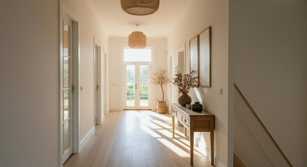 Interior hallway with modern home design featuring natural light and stylish decor elements