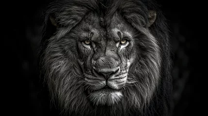 Papier peint photo Lion   Black-and-white photograph of a lion's severe countenance, captured in low light conditions  © Anna