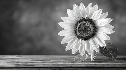   A monochromatic image of a sunflower on a wooden surface with a black and white backdrop
