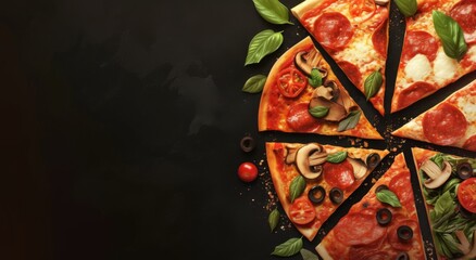 Vibrant advertising banner for pizza featuring a black background ，showcasing realistic slices of pizza  