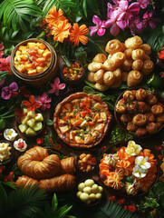 Fototapeta premium A vibrant tropical buffet brunch spread featuring colorful fruits and pastries, perfect for summer celebrations, weddings, or festive gatherings.