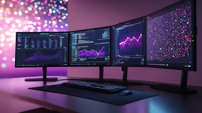 A dynamic shot of a desktop computer with multiple curved monitors displaying real-time data analytics and 3D modeling, highlighting the power and versatility of new computing technologies.