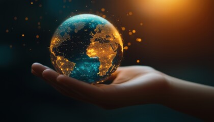 Innovative Online Education Technology: World Map Point And Line Composition With Earth Planet Globe In Hand. Webinar, Online Training Courses, Skill Development