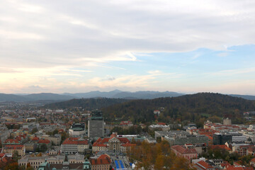 Fototapeta premium Aerial view of central Ljubljana, capital of Slovenia, from Ljubljana Castle. Autumn in the picturesque city.