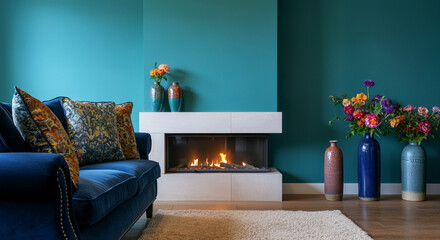 Fireplace in modern living room with cozy interior and vibrant floral decor