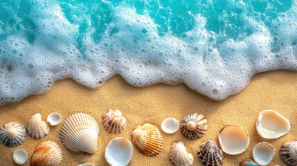 Seashells on a Sandy Beach With Foamy Ocean Waves