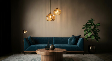 Sofa in modern living room interior design with pendant lights and stylish decor