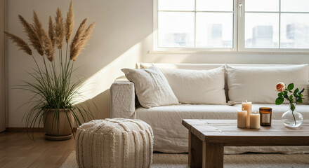 Living room interior with cozy decor and natural lighting featuring candles and plants