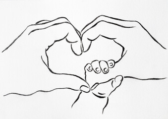 A minimalistic black-and-white sketch featuring two adult hands forming a heart shape, with a baby's small hand held in the center. 