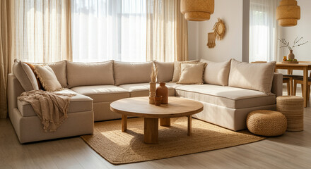 Fototapeta premium Sofa in modern living room with elegant interior design and natural lighting