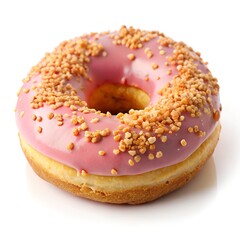 
donut drizzled with pink glaze and sprinkled with crushed caramel, isolated on white background