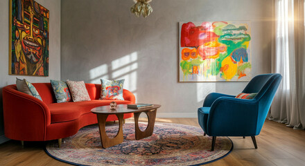 Living room with modern decor and vibrant colors showcasing stylish living space design