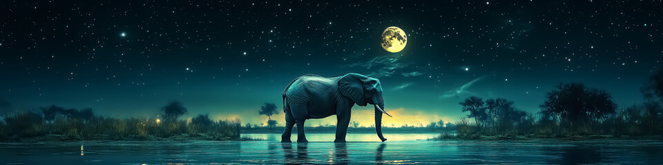 A tranquil night scene of an elephant by the water under a starry sky, ideal for wildlife photography or eco-tourism promotion. Design for Wall Art, Poster Print, Wallpaper & Background