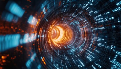 Obraz premium Binary Data Flow Tunnel: A Virtual Warp For Coding, Programming, And Hacking In Abstract Futuristic Cyberspace. Illustration Of Big Data And Digital Code.