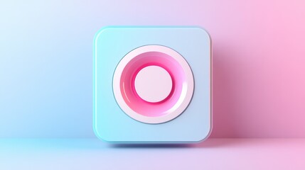 A 3D rendered blue and pink square button with a circular, white button inside.