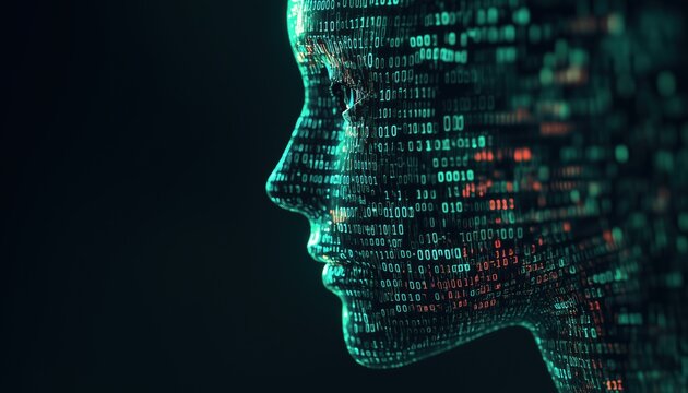 Digital Binary Code Robot Chatbot Head Icon With Matrix Background And  Illustration. Artificial Intelligence Concept With Streaming Data.