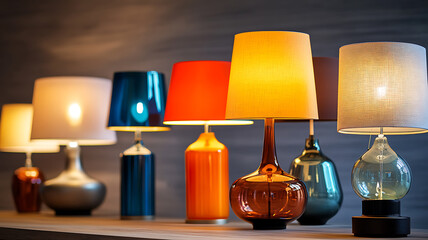 A row of colorful vintage and contemporary table lamps, arranged side by side in a stylish interior setting, highlighting different materials such as glass, metal, and wood, with warm ambient light. 