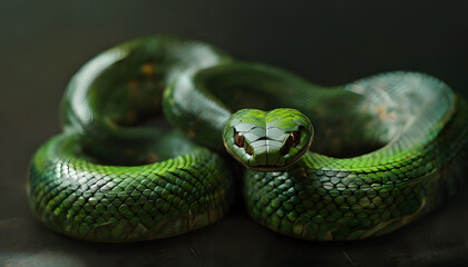 Fototapeta premium Close-up of green snake coiled in defensive pose against dark background