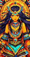 Fototapeta premium Vibrant portrait of an Aztec-inspired goddess with ornate jewelry and colorful traditional dress