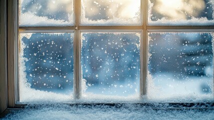 A frosted windowpane with delicate snowflakes falling softly outside, creating a cozy, inviting atmosphere indoors, perfect for winter scenes.