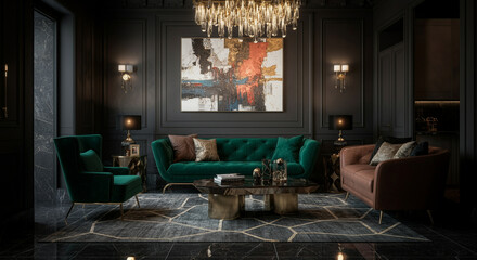 Luxurious living room with modern decor and elegant furnishings showcasing a refined interior style