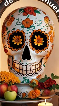 Animation of a skull in a day of the dead altar. Mexican tradition concept