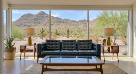 Living room with modern decor and spacious interior featuring large windows overlooking desert landscape