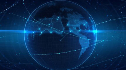  a blue background featuring digital network lines and a white globe, representing a technology world concept.