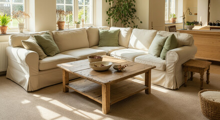 Fototapeta premium Sofa in cozy living room showcasing warm interior design with natural light and rustic wooden table