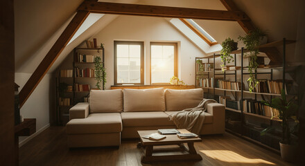 Living room with cozy interior and home decor elements featuring bookshelves and natural light