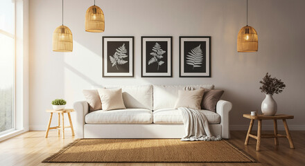 Sofa in modern interior with home decor and stylish lighting